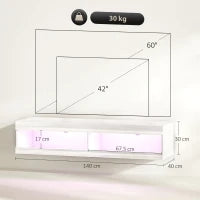 Mobile TV Sospeso con Luci LED con Telecomando, Scompartimenti e Fori Passacavi 140x40x30 cm Bianco Lucido
