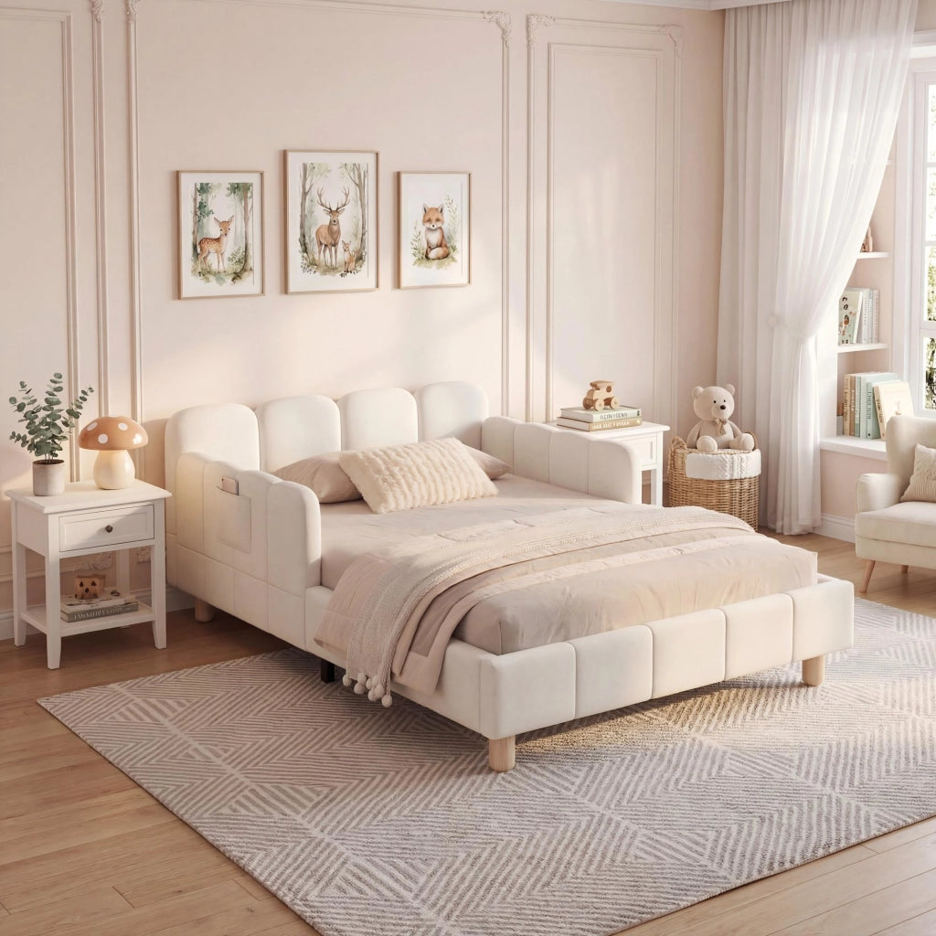 Letto divano per bambini 90x200 cm imbottito con testiera; sponda anticaduta e piedi in legno massello; velluto beige