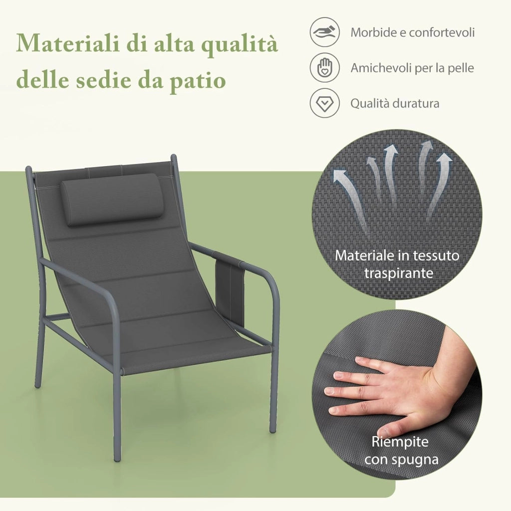 Set da Bistro per Giardino a 3 Pezzi, Sedie e Tavolino da Caffè in Metallo per Patio, Sedie con Poggiatesta, Set in Metallo per Cortile, Sedia Portata 150 kg, Tavolino Portata 50 kg