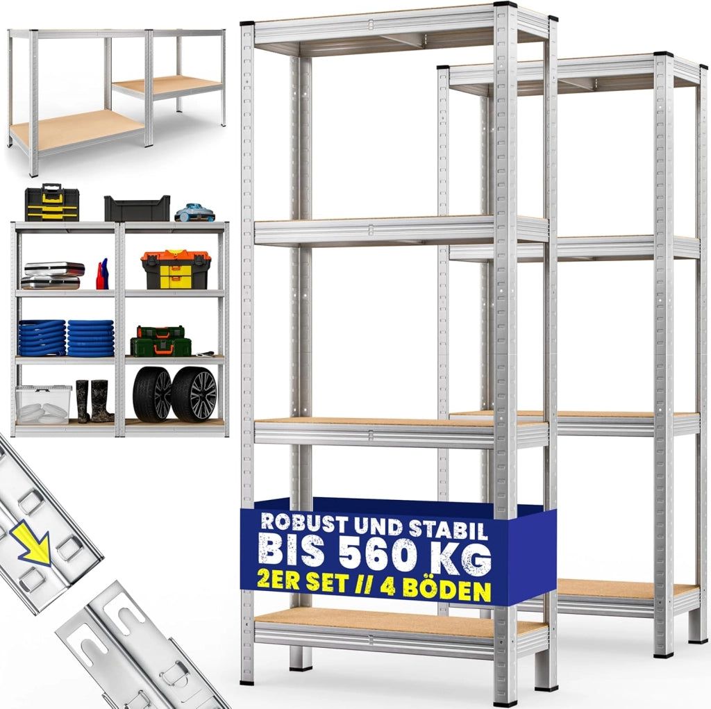 Scaffale ad alta portata 2 pezzi in metallo capacità di carico totale kg 170x75x30cm 4 ripiani in MDF