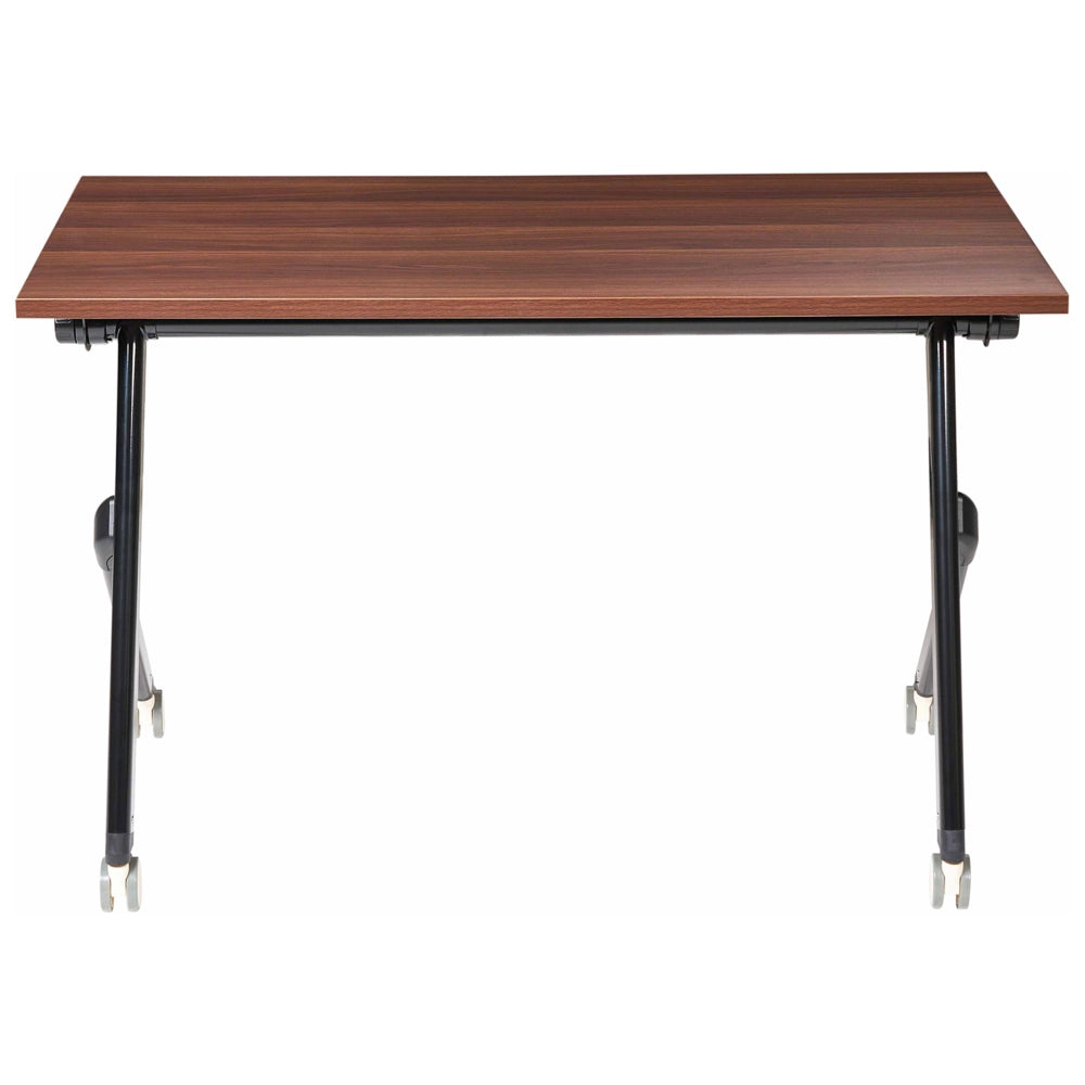 Scrivania da ufficio pieghevole con struttura in metallo marrone scuro e nero, piano in MFC 120 x 60 cm, tavolo pieghevole portatile con rotelle