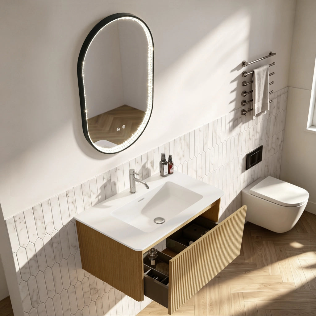 Mobile bagno sospeso con lavabo integrato e specchio LED antiappannamento per bagno in MDF effetto rovere moderno