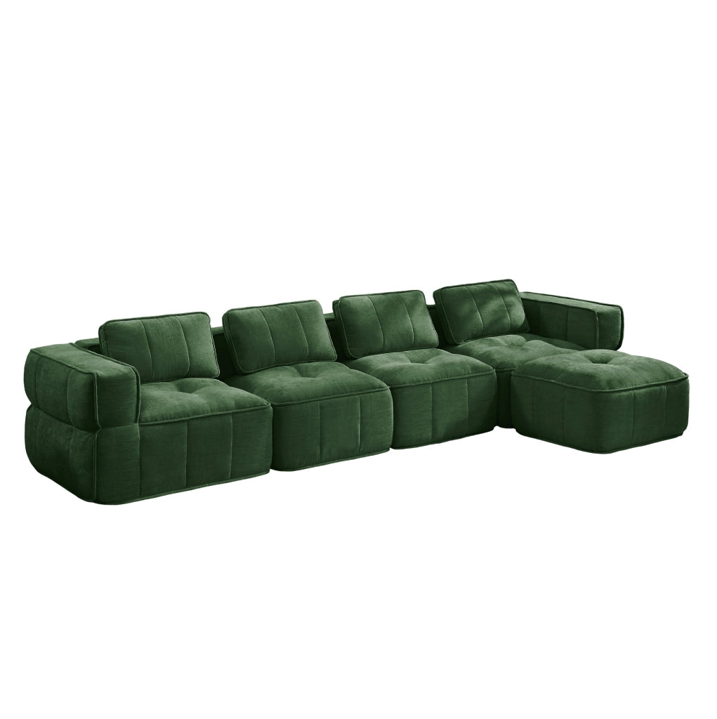 Divano modulare a L ULEVR 344x162 cm 4 posti con pouf, seduta profonda e braccioli larghi, verde