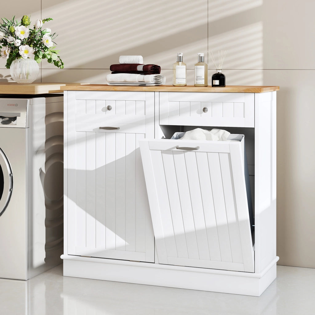 Isola da cucina con cestini ribaltabili doppi per pattumiera piano legno caucciù tagliere 2 cassetti-Mobile contenitore nascosto riciclaggio cucina