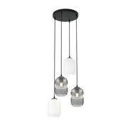 Lampadario 4 Luci Selene Base Tonda Acciaio Nero Vetri Plissettati Bianco E Fumè