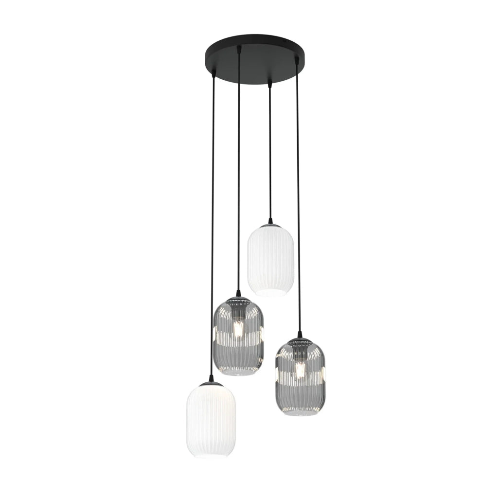 Lampadario 4 Luci Selene Base Tonda Acciaio Nero Vetri Plissettati Bianco E Fumè