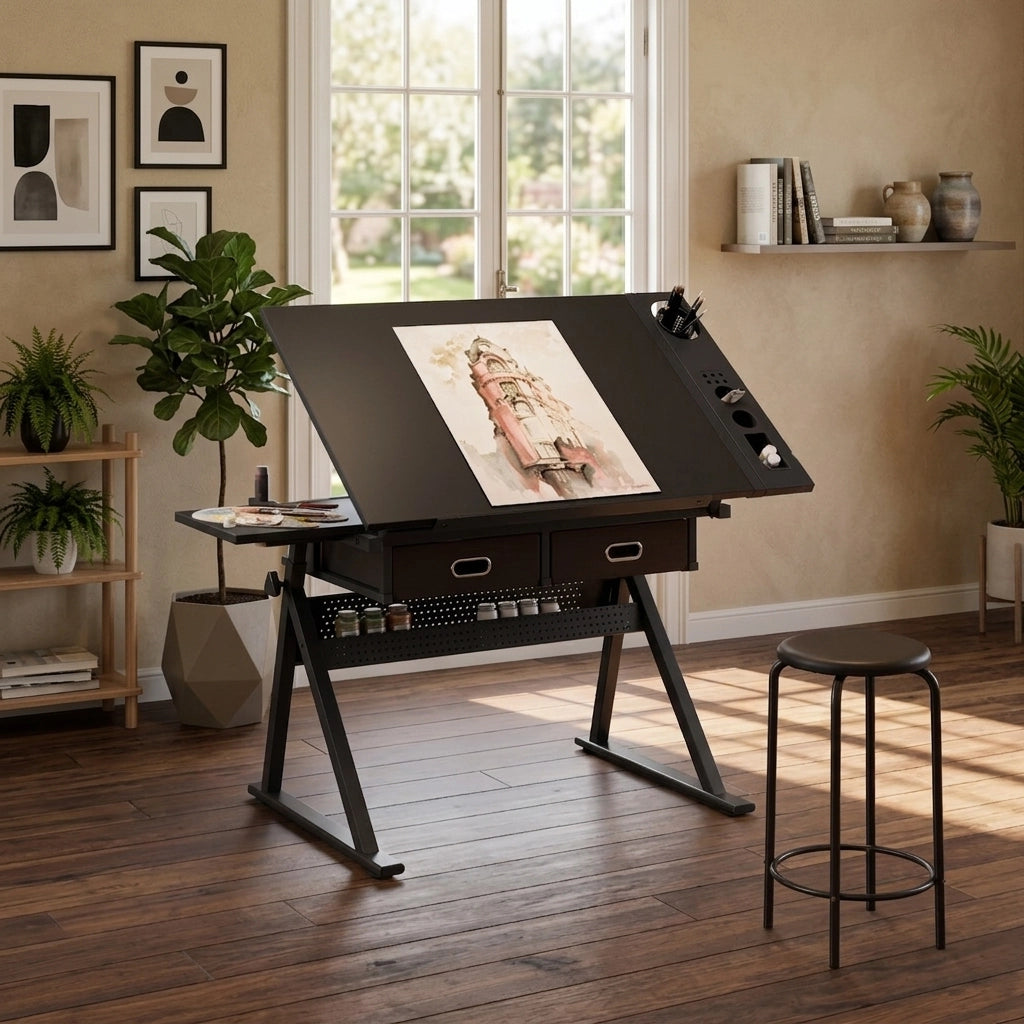 Scrivania lineare inclinabile con 2 cassetti in MDF e metallo nera con sgabello per casa e studio 98 × 66 × 14 cm