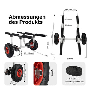 Carrello da trasporto per kayak In alluminio con pneumatici Ø 26 cm Larghezza regolabile Max 90 kg