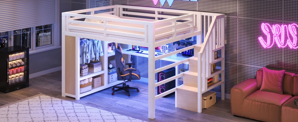 DESMIU Lit mezzanine 160 × 200 cm 2 posti con scrivania, vani, LED e scala, senza materasso, in metallo, bianco