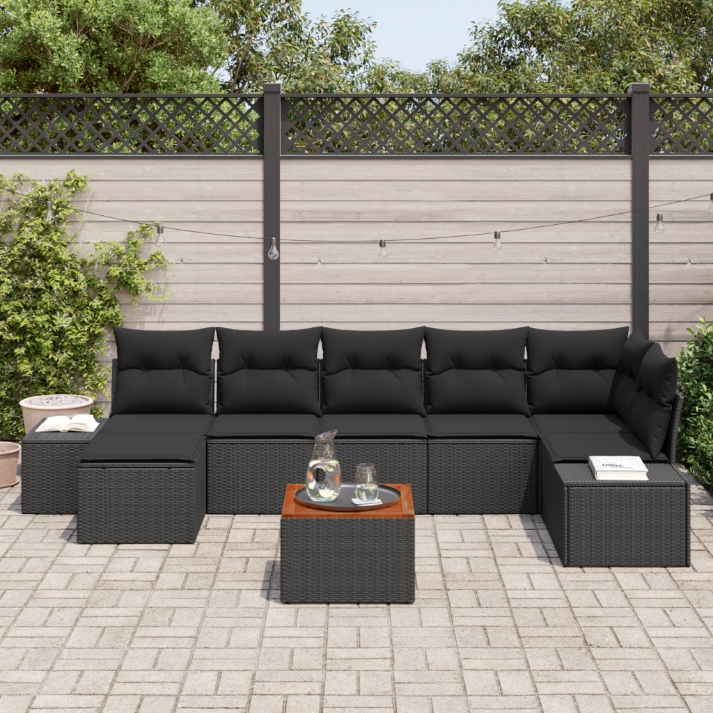 Set di mobili da giardino composto da 8 pezzi con cuscini neri in polyrattan e acacia