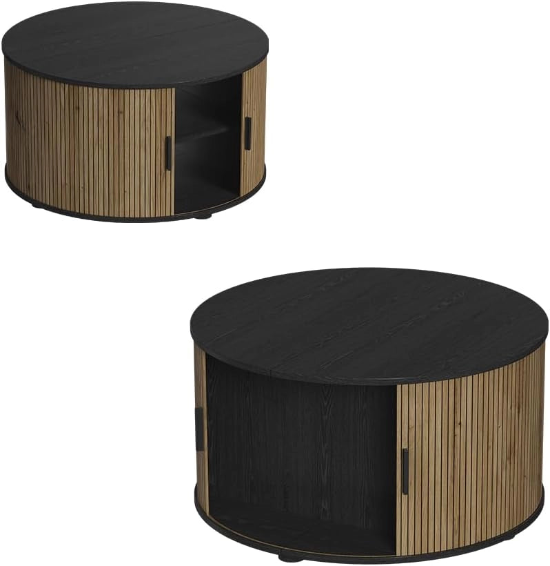 tavolino soggiorno Selva, Quercia/nero, 80 x 80 cm con porta scorrevole, con funzione lift e piano del tavolo regolabile in altezza