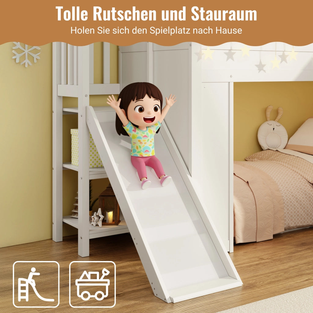 DESMIU Letto a soppalco per bambini 1 posto con scivolo, scala contenitore e LED, 90 × 200 cm, senza materasso