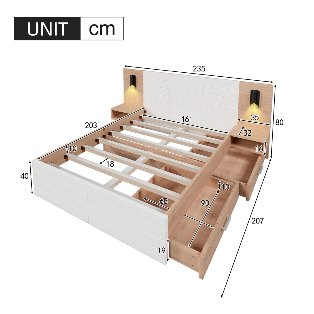 Letto matrimoniale 160x200 cm con 2 cassetti, luce lettura, USB e rete a doghe, bianco/rovere