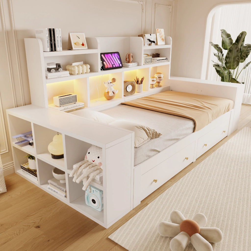 Divano letto estraibile 90x200 cm con contenitore; LED e presa bianco