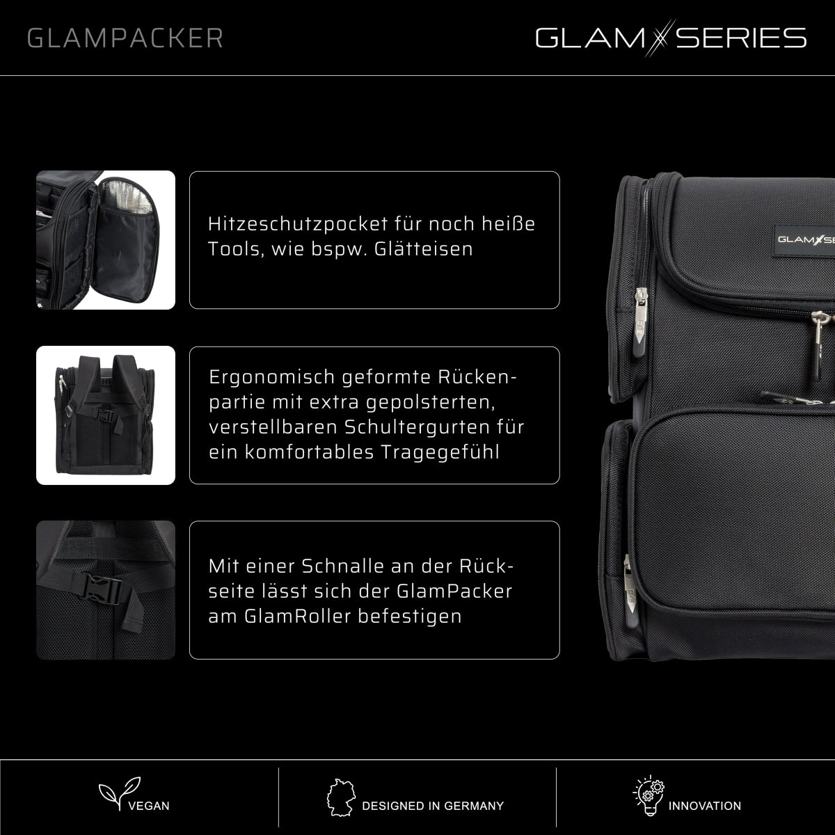 GlamSeries GlamPacker Zaino porta trucchi ergonomico ed espandibile, borsa per il trucco con scomparto con protezione termica, ideale per truccatori e parrucchieri