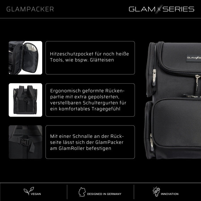 GlamSeries GlamPacker Zaino porta trucchi ergonomico ed espandibile, borsa per il trucco con scomparto con protezione termica, ideale per truccatori e parrucchieri