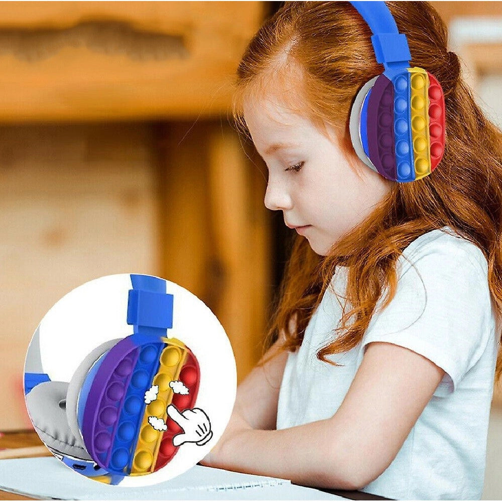 Trade Shop - Cuffie Popit Blu Bambini Wireless Radio Bluetooth Arcobaleno Pieghevole Sd Usb -