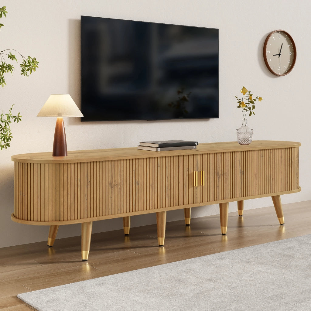 OKWISH Mobile TV con Ante Scorrevoli, 2 Cassetti e Vani Aperti, Passacavi, Stile Naturale, 175×38×45 cm