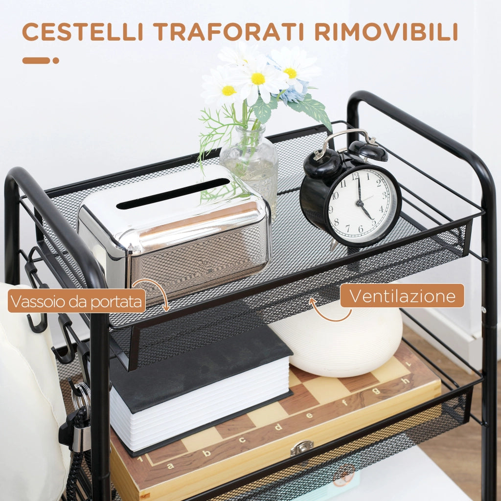 Carrello da cucina a 3 ripiani ¨C Xylo ¨C con cestelli rimovibili e 4 ruote, acciaio e plastica, nero