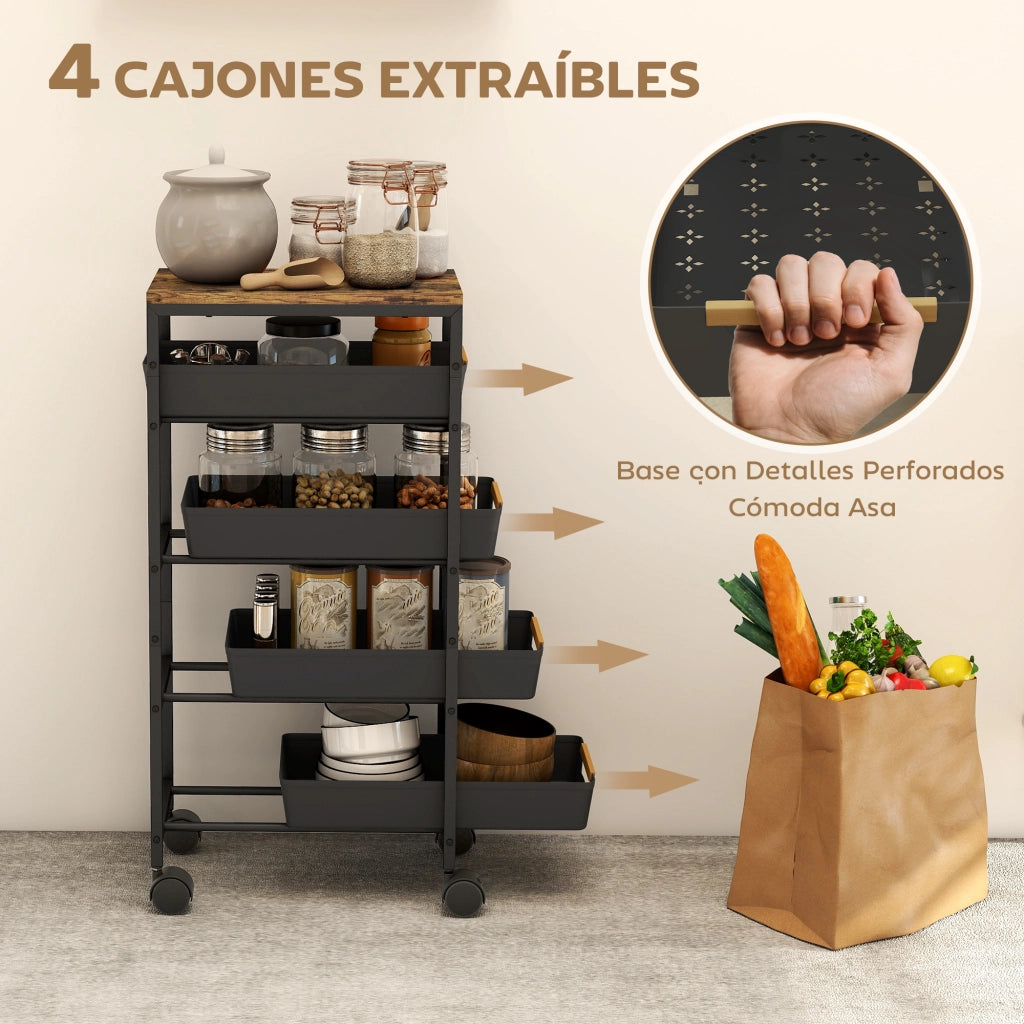 Carro da cucina con cassetti e ruote ¨C Zephmum ¨C Nero eff. legno 39.5x24x82 cm