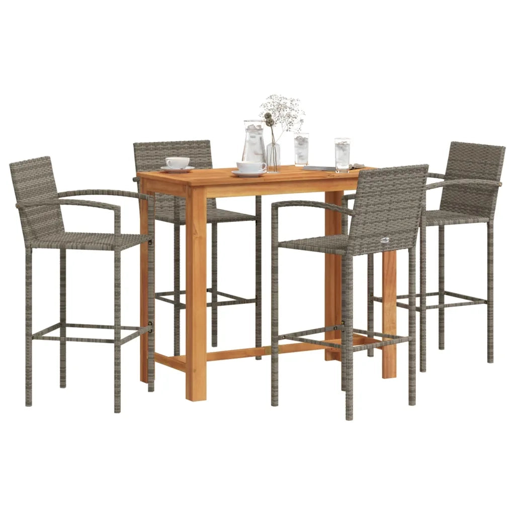 Set Bar Giardino 5pz | Set Salotto da Giardino Grigio Legno Massello Acacia e Polyrattan