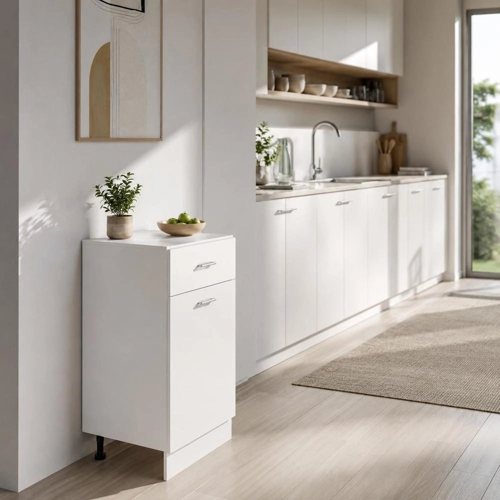 Kitchen Drawer Storage Cabinet 40x46x81.5 Cm MDF Material Matte White Floor Standing Organization System For Kitchen Space Optimization