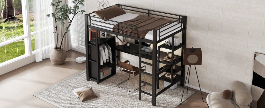 LETTO A CASTELLO 90x200 cm Nero in Metallo con Scrivania e Armadio
