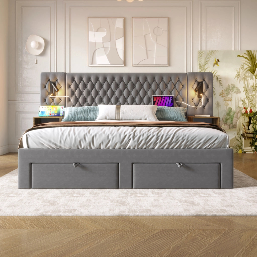 Letto matrimoniale 180x200 cm con comodini, 4 cassetti, luci LED e porte USB/Type-C