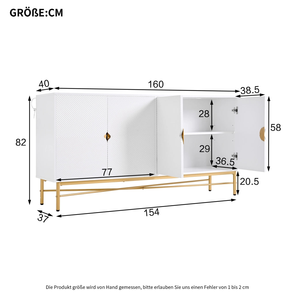 Credenza Bianca con 4 Porte, Superficie Testurizzata e Maniglie Dorate Spazzolate, 160×40×82 cm