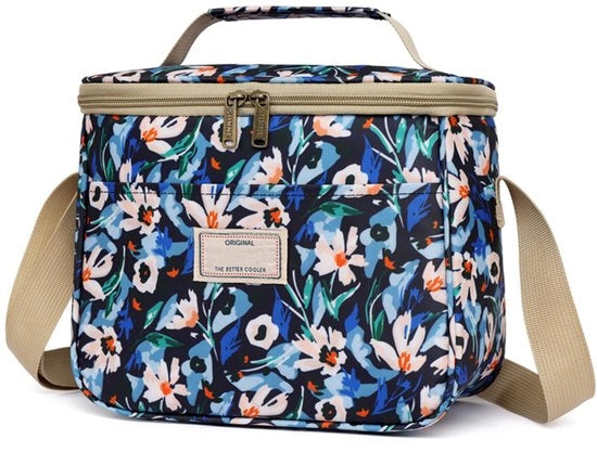 Lunchtas Geïsoleerde Grande con Motivo di Fiori e Cinturino Regolabile (7,5L, B-Blu Scuro Fiori)