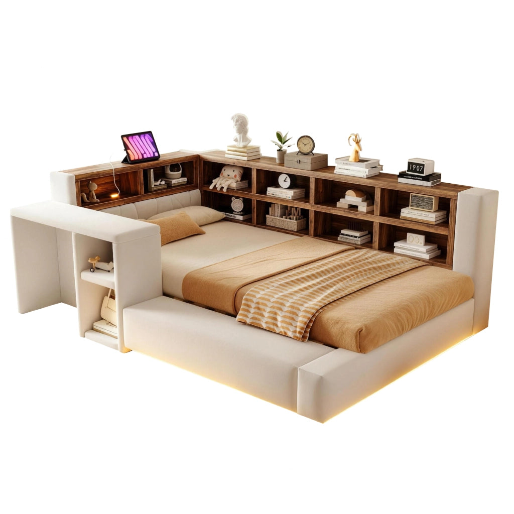 Letto imbottito 90 x 200 cm con contenitore, USB/LED e tavolino laterale, beige