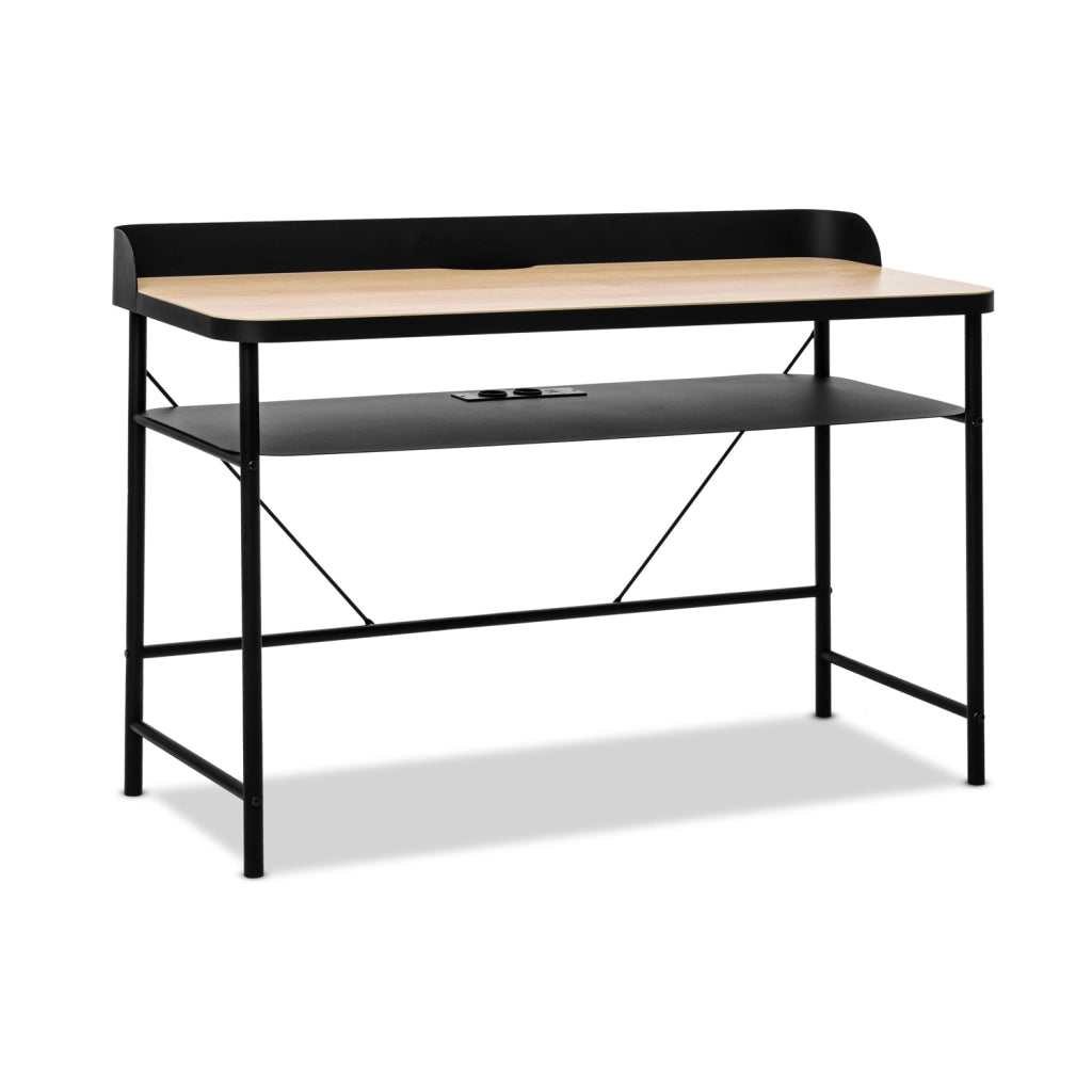 Hariyang - Scrivania in metallo con ripiano in legno 120x50 cm dotata di 2 prese shuko e 2 porte USB