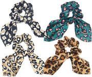 Set di 4 Scrunchies Elastici con Strisce per Capelli con Orecchini di Coniglio in Pelle di Leopardo