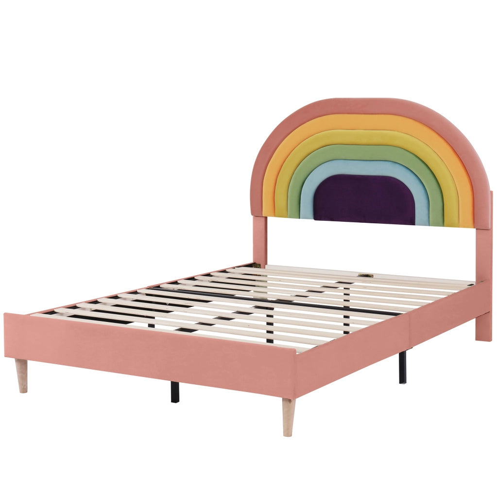 Letto imbottito 140x200 cm in velluto rosa con testiera regolabile e rete a doghe