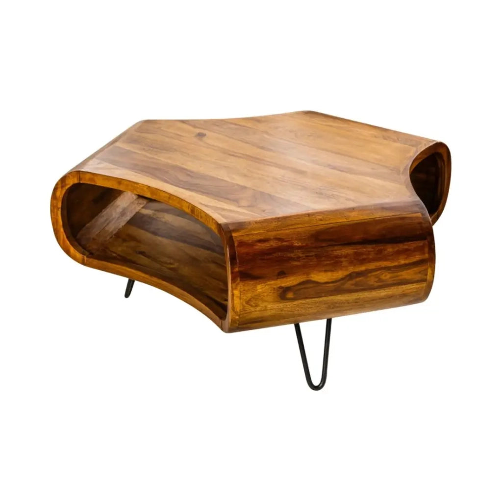 Tavolino basso NERA 90 cm in legno massiccio di Sheesham con nicchia e piedi in metallo nero - stile retro industriale