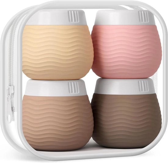 Kit di Viaggio Pratico con Quattro Pochette di Creme Silicone Riciclabili da 50 ml e Borsa di Stoccaggio Translucida