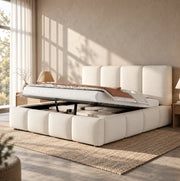 Letto matrimoniale 180x200 cm con contenitore idraulico e rete a doghe; bouclé bianco