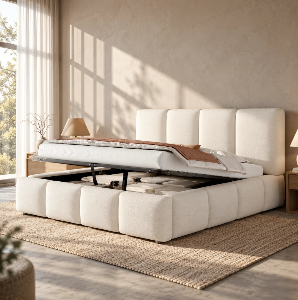 Letto matrimoniale 180x200 cm con contenitore idraulico e rete a doghe; bouclé bianco