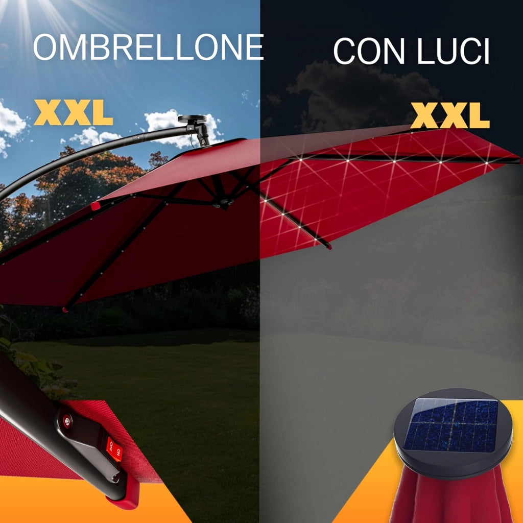 ® Ombrellone da Giardino con LED Ø300cm Parasole Rotondo Decentrato con Manovella Rosso