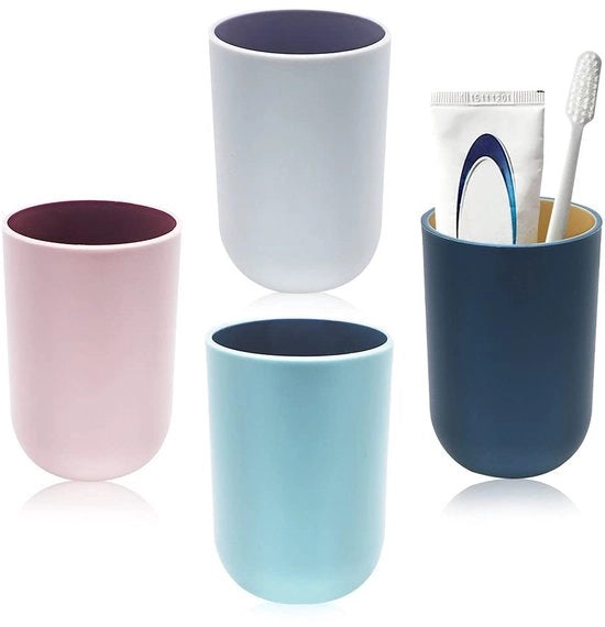 Tumbler da bagno 4 pezzi - Materiale in plastica - Riciclabile - Leggero - Disponibile in diverse colori - Supporto per spazzola da denti