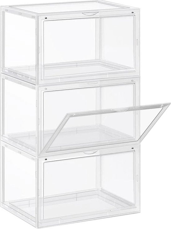 Set di 3 Organizzatori per Scarpe - Cassetti Stivati - Scatole in Plastica con Porta Vetrata Transparente