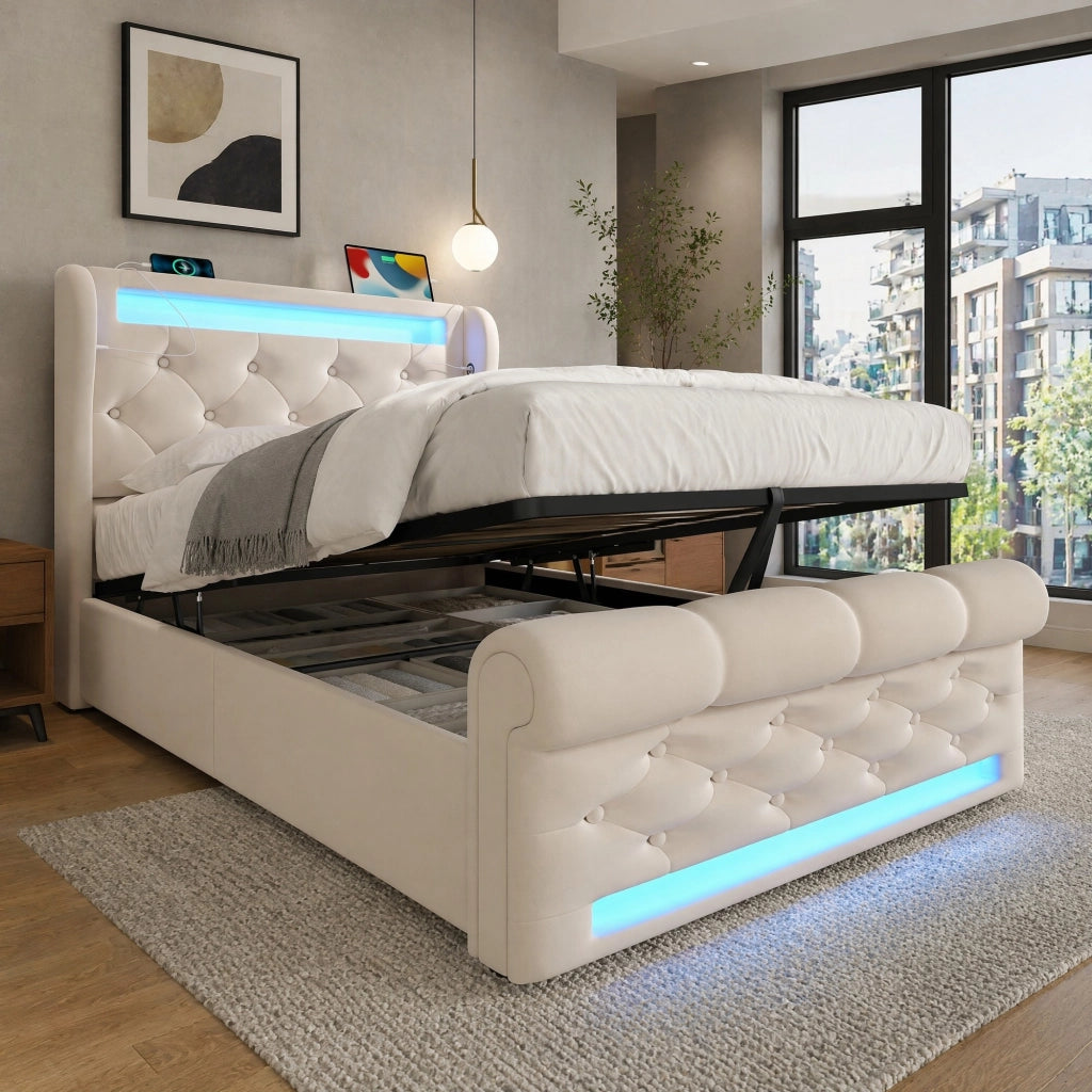 LETTO contenitore 90x200 cm in velluto beige con LED, USB e Type-C con materasso