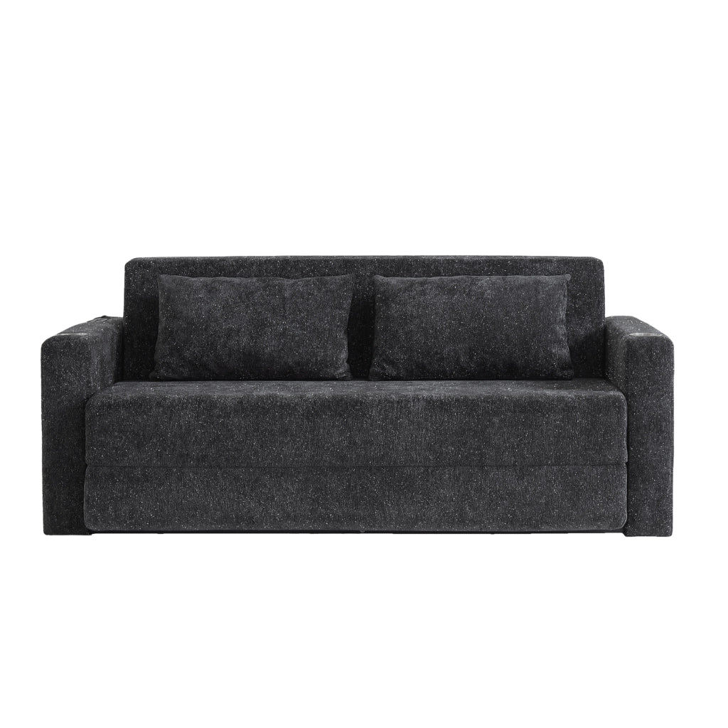 Divano letto 2 posti con funzione letto, porte USB, portabicchieri e tasche laterali in ciniglia nero e grigio