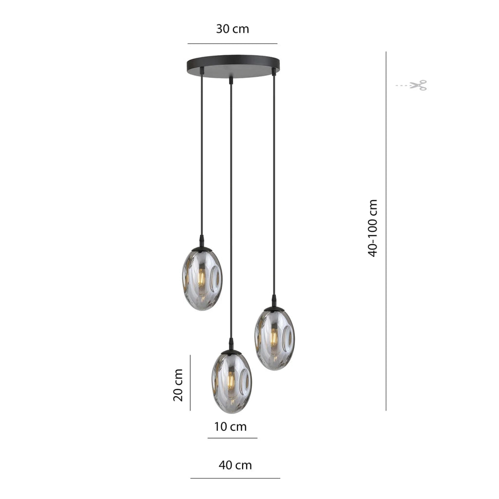 Sospensione Minimal 3 Luci Atalanta Acciaio Nero E Vetro Fumè