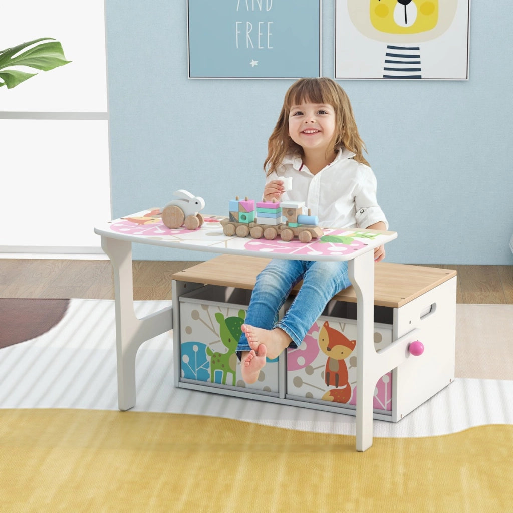 Panchina attivit¨¤ convertibile per bambini, Set tavolo e sedie per bambini con 2 cassetti in tessuto rimovibili Bianco-Tavoli e sedie
