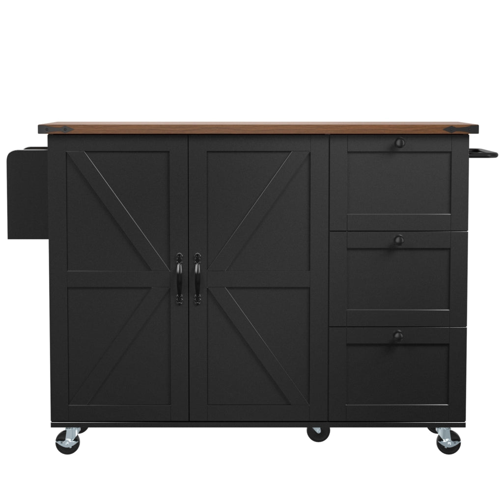 Carrello da Cucina con Piano Estraibile ¨C MINIMAL ¨C Nero, 2 Ante e 3 Cassetti, Effetto Legno