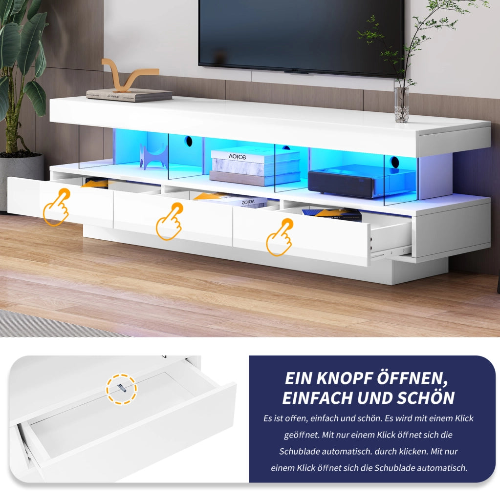 Mobile porta televisore bianco lucido con 3 vani in vetro, LED e comando Bluetooth