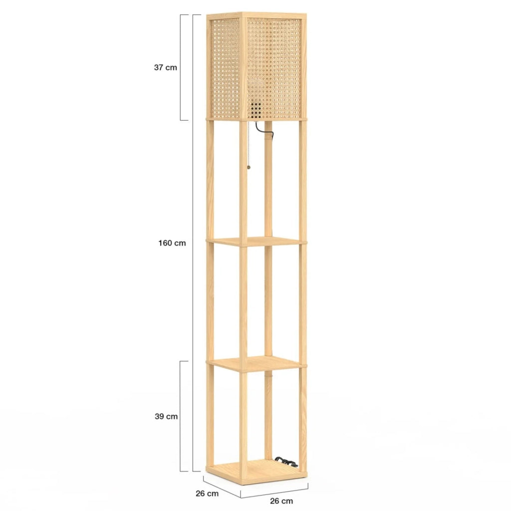 IDMarket - Lampada da terra naturale in legno chiaro con ripiani e paralume quadrato effetto canna da zucchero