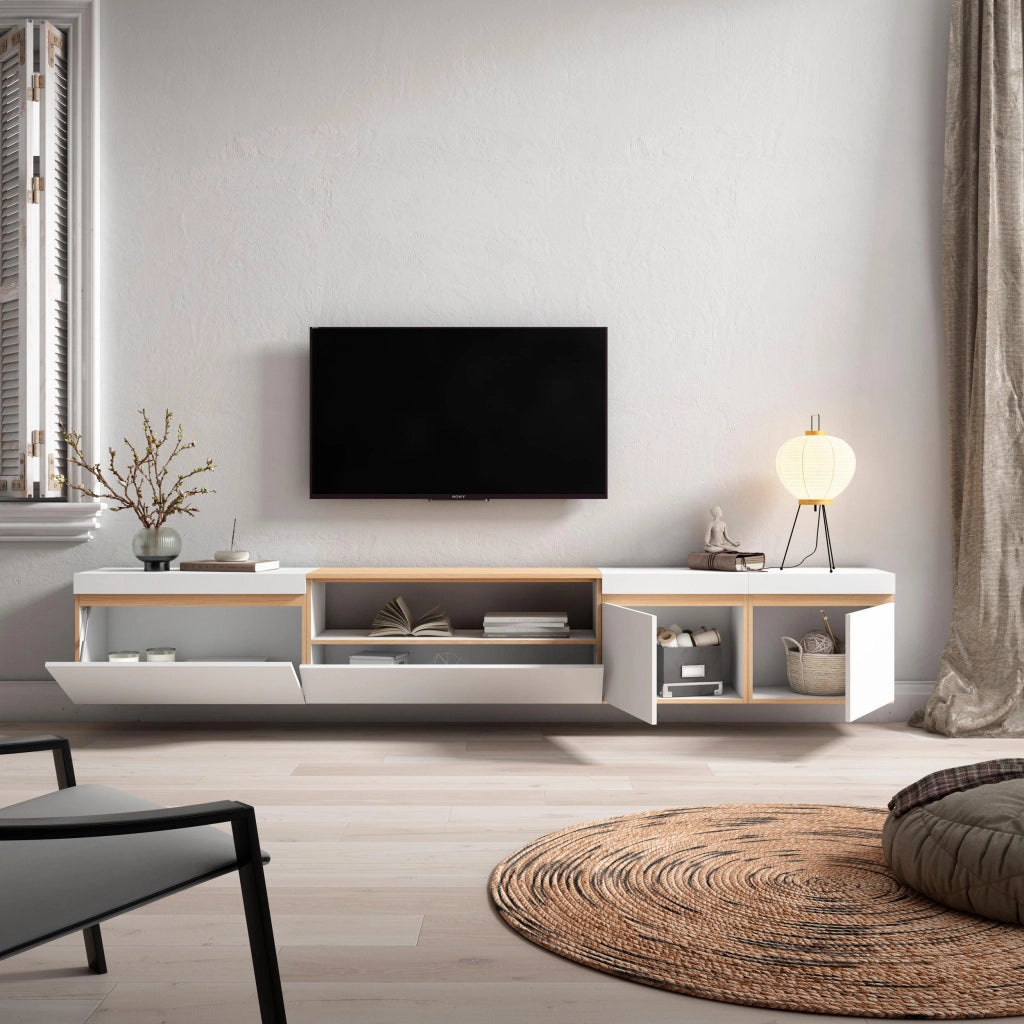 Mobile TV Soggiorno, 288x45x35 cm, TV di grande formato, Sospeso, da appendere, Bianco e Rovere soft