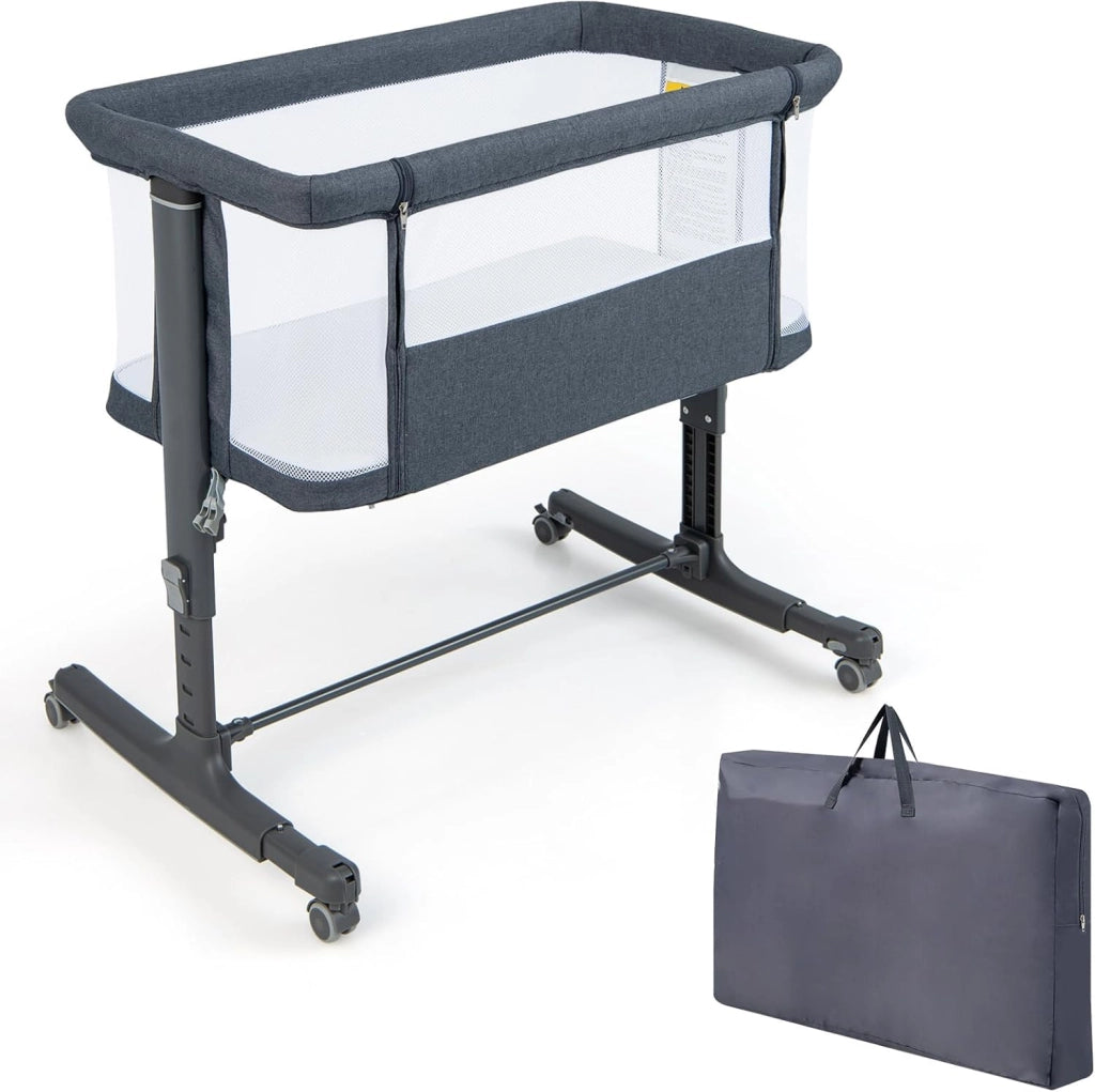3 in 1 Culla Neonato Fianco Letto, Lettino Neonato Dondolo con Materasso, Culla Co-Sleeping Fino a 9 kg, Altezza Regolabili, Inclinazione di 10°, 84 x 59,5 x 80,5cm (Grigio Scuro)